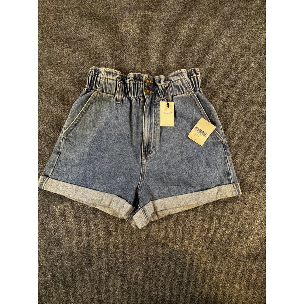 💙 Forever 21 Blue High-Waist Paperbag Denim Shorts